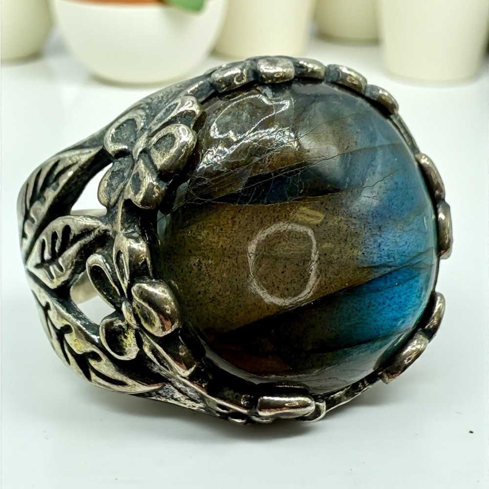 Sterling Silver Israel PZ Labradorite Floral Statement Ring – Size 8 - Picture 6 of 17